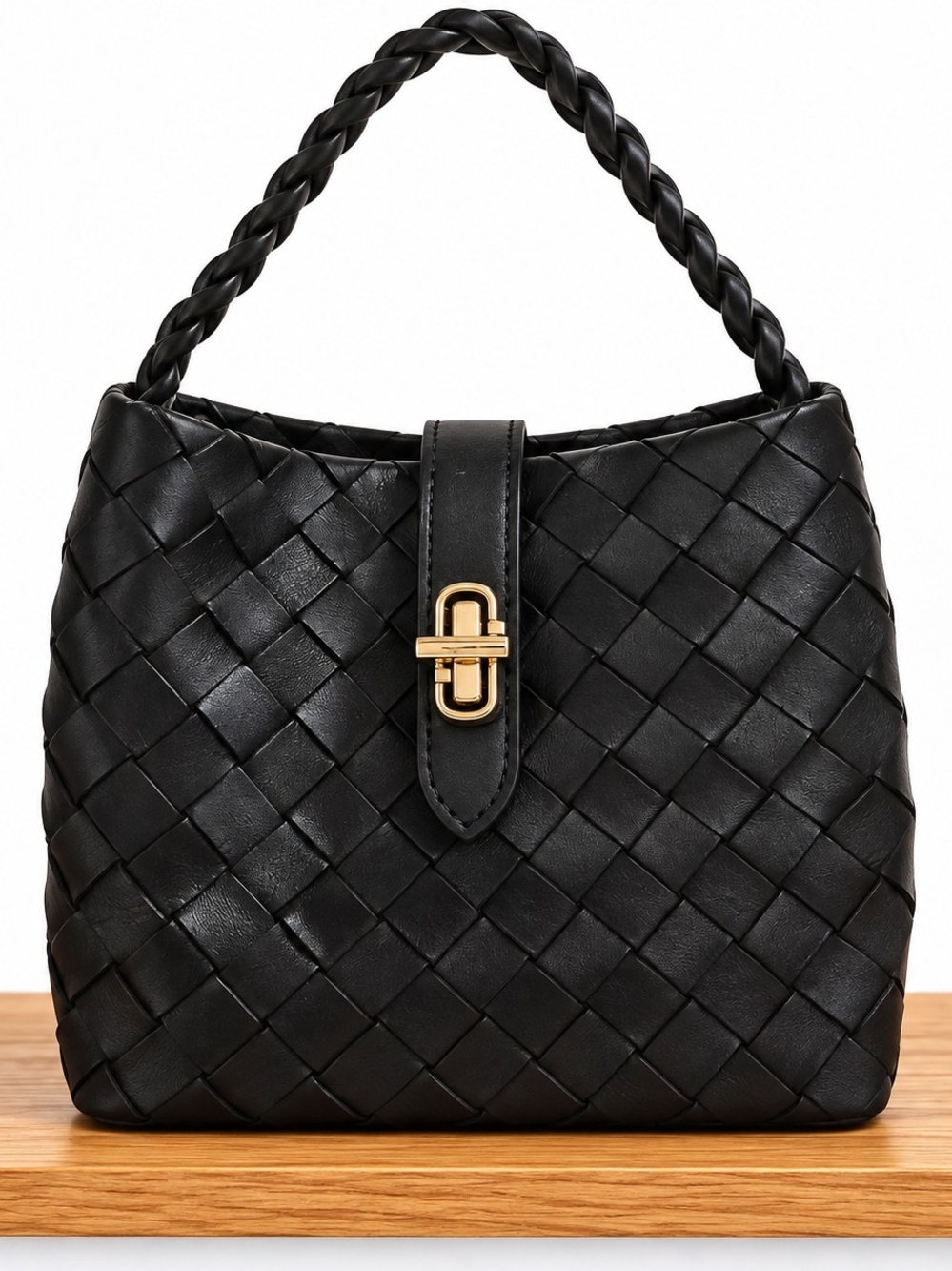 Woven Faux Leather Top-Handle Bag in Black
